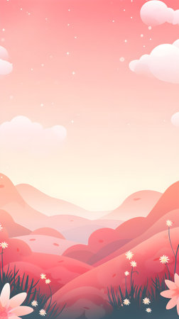 Beautiful landscape with mountains and flowers. Vector illustration in cartoon style.の素材