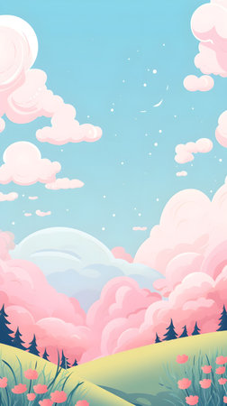 Summer landscape with flowers and clouds in cartoon style. Vector illustration.の素材