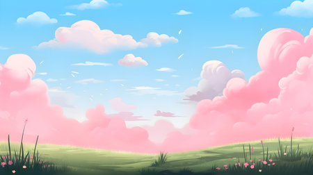Beautiful landscape with pink clouds and meadow. Vector illustration.の素材
