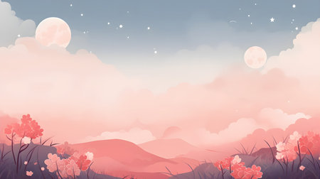 Autumn landscape background with cherry blossom and moon. Vector illustration.の素材