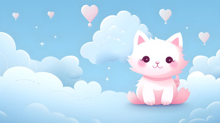 Cute cat sitting in the clouds with hearts. Vector illustration.の素材