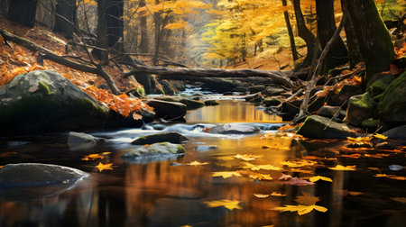 Autumn landscape with a river and yellow leaves. Autumn forest.の素材