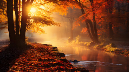 Autumn landscape with river and trees in foggy forest at sunriseの素材