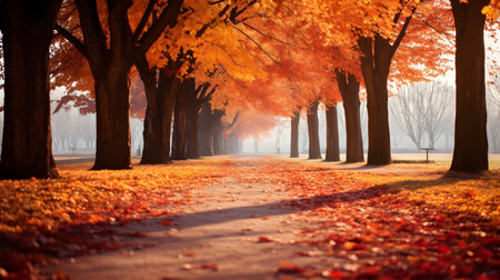 Autumnal alley in the park. Beautiful nature scene with colorful treesの素材