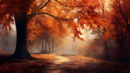 Autumn landscape with fog in the park. 3d render.の素材