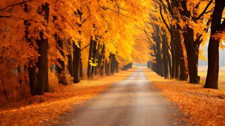 Autumn road in the park with yellow leaves. Beautiful autumn landscapeの素材