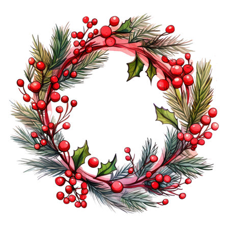Watercolor Christmas wreath with holly berries and pine branches.の素材