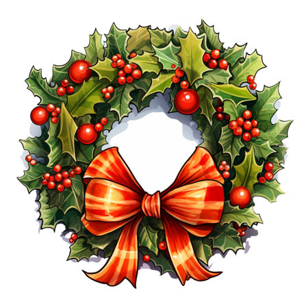 Christmas wreath with holly berries and red bow.の素材