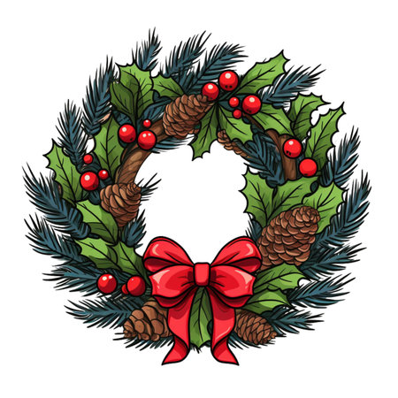 Christmas wreath with holly berries and red bow.の素材