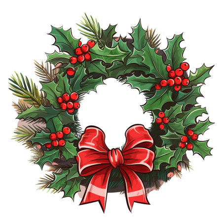 Christmas wreath with holly berries and red bow.の素材