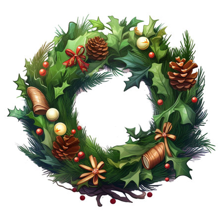 Christmas wreath with holly, mistletoe, pine cones, poinsettia, holly, ivy.の素材