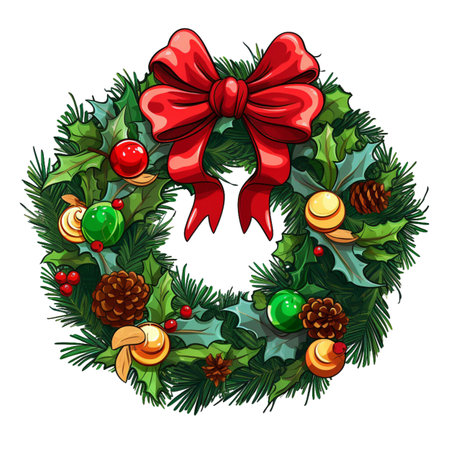 Christmas wreath with holly berries and red bow.の素材
