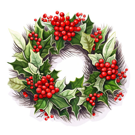 Christmas wreath with holly berries and red bow.の素材