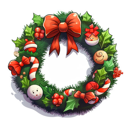 Christmas wreath with holly berries and red bow.の素材