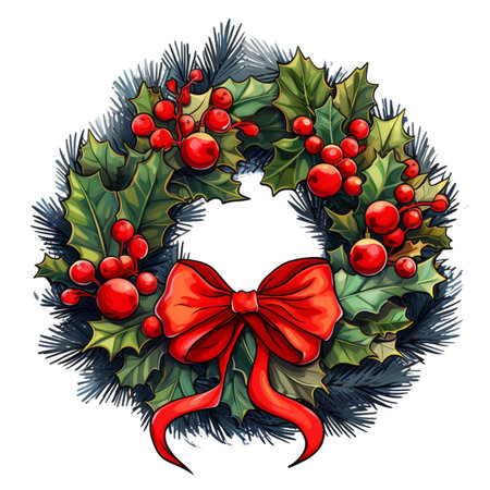 Christmas wreath with holly berries and red bow.の素材