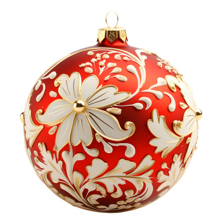 Red christmas ball with floral pattern isolated on white background.の素材