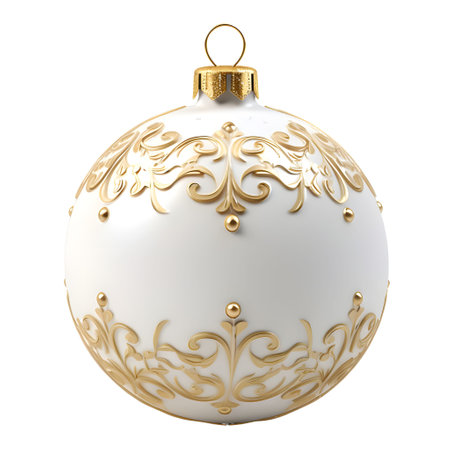 White christmas ball with golden ornament isolated on white background. 3D rendering.の素材