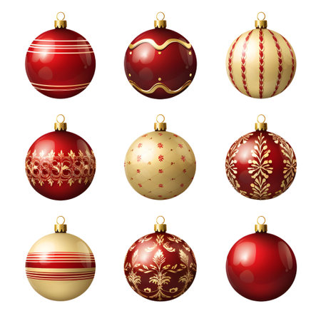 Set of red christmas balls with ornamentsの素材