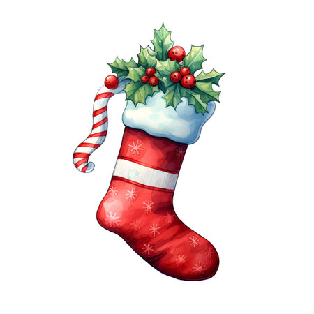 Christmas sock with holly berries and candy cane,の素材
