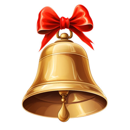 Golden bell with red bow isolated on white background.の素材