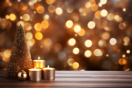 Christmas composition with candles and christmas tree on bokeh backgroundの素材