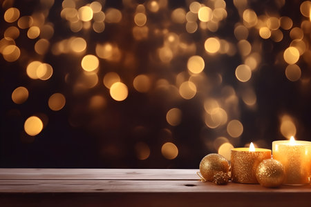 Burning candles and Christmas balls on wooden table against defocused lightsの素材