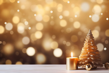 Christmas tree with candle on bokeh background. Christmas greeting card.の素材