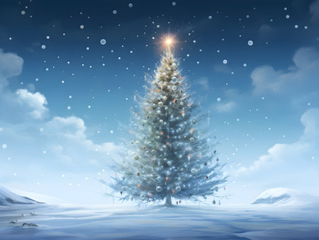 Christmas tree in winter landscape with falling snow and falling snowflakesの素材