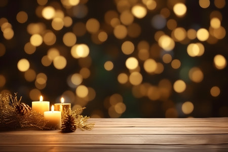 Burning candles and Christmas decor on wooden table against blurred festive lightsの素材