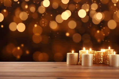 Burning candles on wooden table against bokeh lights, closeupの素材