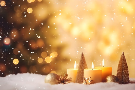 Burning candles and Christmas tree on snow with bokeh backgroundの素材
