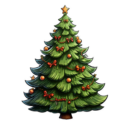 Illustration of a Christmas tree with ornaments on white backgroundの素材