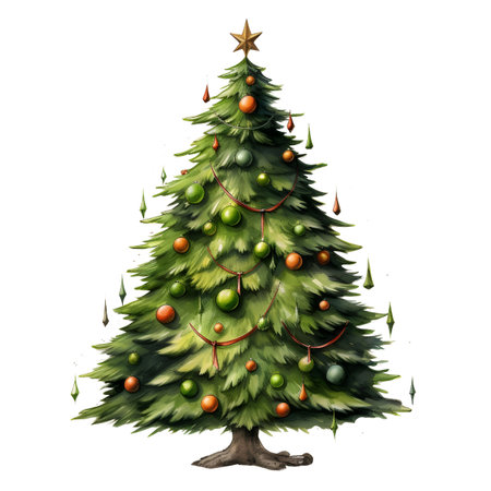 Christmas tree isolated on white background. Watercolor hand drawn illustration.の素材
