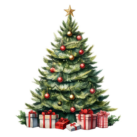Christmas tree with gifts isolated on white background. Watercolor illustration.の素材