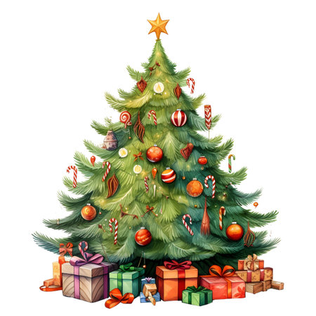 Christmas tree with gifts and decorations. Watercolor illustration isolated on white backgroundの素材