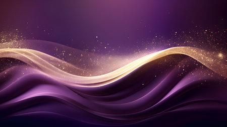 Abstract purple background with golden lines and sparkles.の素材