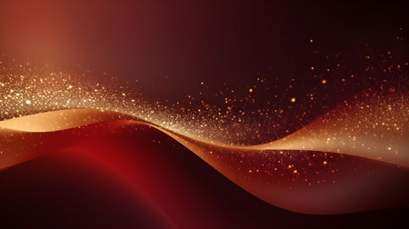 abstract red background with golden waves and sparkles.の素材