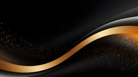 Abstract black background with golden wavy lines and glittering particles.の素材