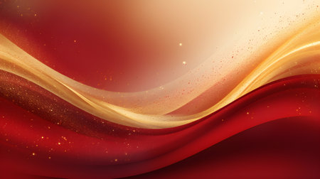 Abstract red background with golden curved lines and sparkles.の素材