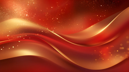 Abstract red background with golden waves.の素材