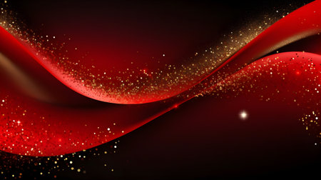 Abstract red wavy background with golden sparkles.の素材