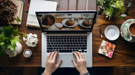 Top view of woman using laptop with cup of coffee and cakes on wooden tableの素材