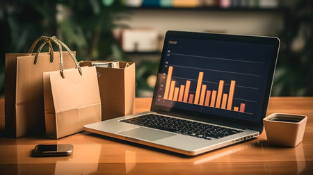 Laptop with a graph on the screen. Online shopping concept.の素材