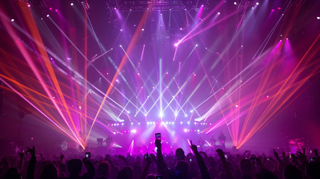 Concert crowd in front of a bright stage with lights and smokeの素材