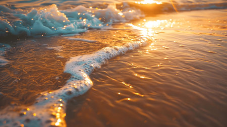 Soft wave of the sea on the sandy beach at sunset time.の素材