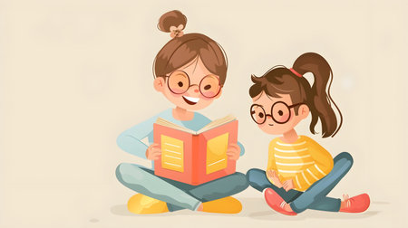 Cute little girl reading a book with her mother. Vector illustration.の素材