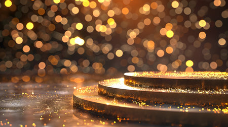 golden podium on bokeh background. 3d render illustrationの素材