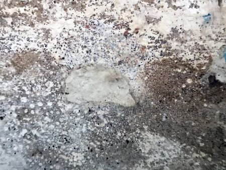 A gray porous concrete wall with an admixture of white paint and a stone in the middle. Abstract background.の写真素材