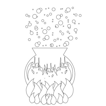 Childrens coloring books. The witchs potion cauldron is on fire, Halloween. Vector black and white drawingのイラスト素材