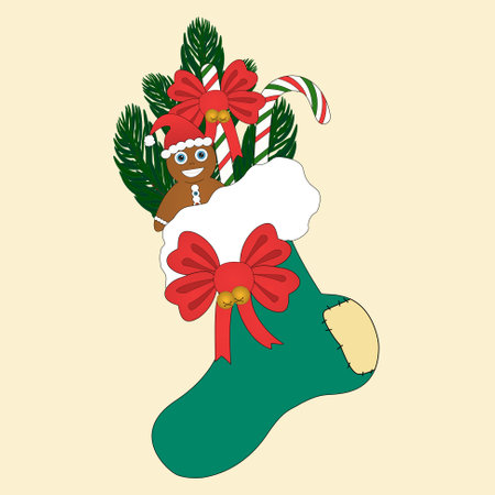 Christmas sock with presents and a spruce branch, Christmas. Vector color drawingのイラスト素材